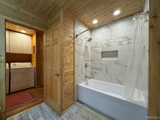 bathroom featuring wood walls, separate washer and dryer, wood ceiling, hardwood / wood-style flooring, and shower / bath combo with shower curtain