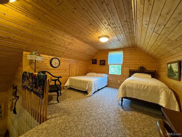 bedroom with carpet, vaulted ceiling, wood walls, and wooden ceiling