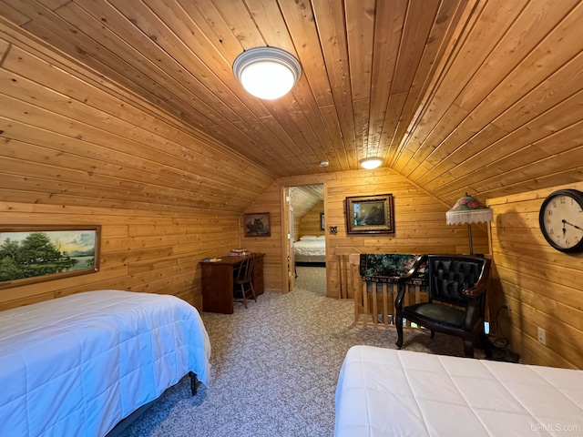 bedroom featuring lofted ceiling, wood ceiling, wooden walls, and carpet floors