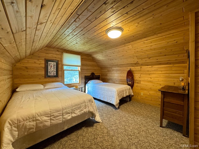 bedroom with carpet, wooden ceiling, and vaulted ceiling