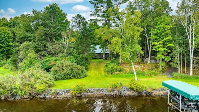 dock area with a water view and a yard