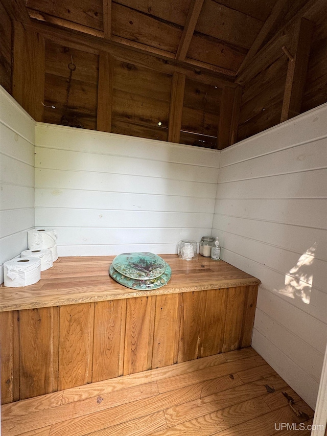 view of sauna / steam room featuring wood walls and hardwood / wood-style flooring