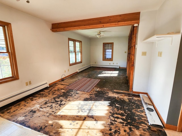 spare room with a baseboard heating unit, ceiling fan, and beam ceiling