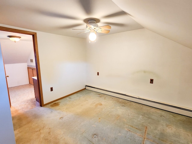 additional living space with baseboard heating, ceiling fan, and lofted ceiling