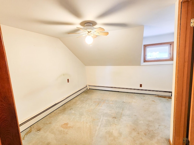 295 W Birch St, Harrison, MI 48625 - additional living space featuring ceiling fan, a baseboard radiator, vaulted ceiling, and unfinished concrete floors