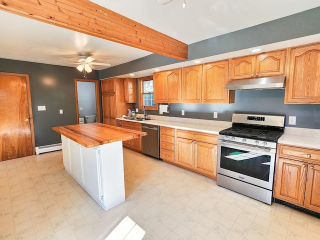 295 W Birch St, Harrison, MI 48625 - kitchen featuring appliances with stainless steel finishes, under cabinet range hood, baseboard heating, light floors, and ceiling fan