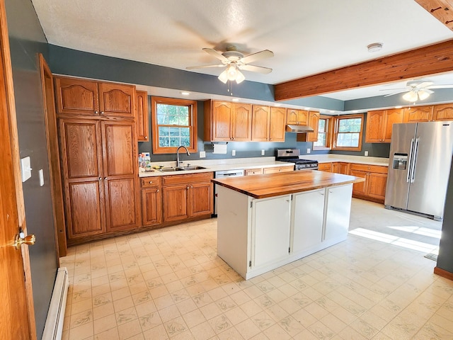 kitchen with ceiling fan, stainless steel appliances, and plenty of natural light