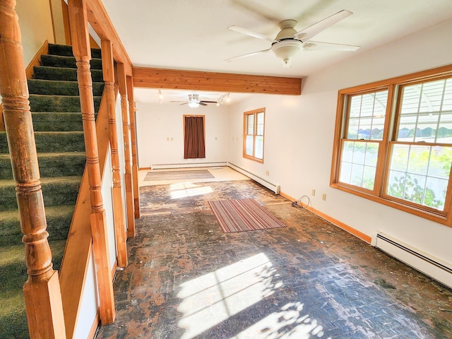 295 W Birch St, Harrison, MI 48625 - empty room with a ceiling fan, a baseboard radiator, beamed ceiling, and stairs