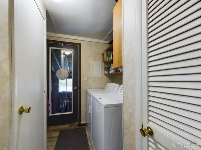 laundry area with cabinets, hardwood / wood-style flooring, washing machine and clothes dryer, and crown molding