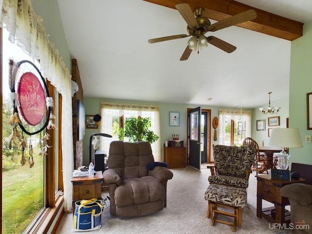 carpeted living room with ceiling fan with notable chandelier and vaulted ceiling with beams