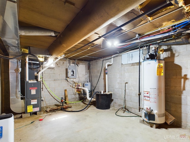 basement with water heater, electric panel, and heating unit