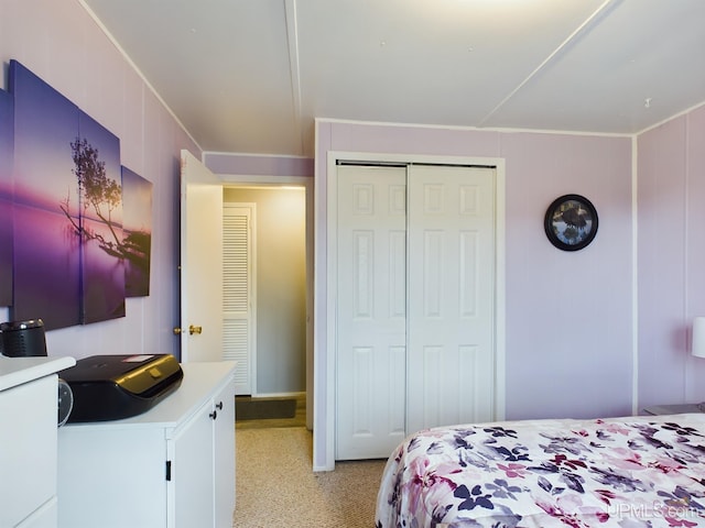 bedroom with wood walls and a closet