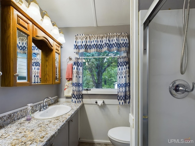 bathroom featuring vanity, toilet, and walk in shower