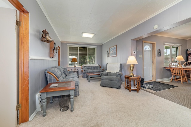 carpeted living room with crown molding and wooden walls