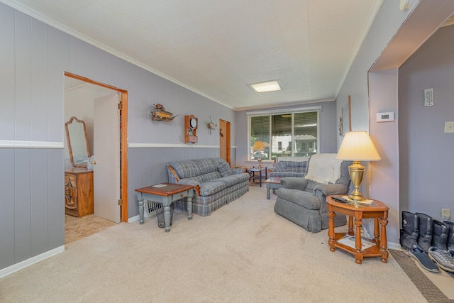 carpeted living room featuring crown molding and wooden walls