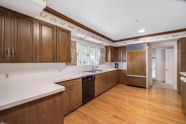 kitchen with dishwasher, ornamental molding, light hardwood / wood-style flooring, and sink