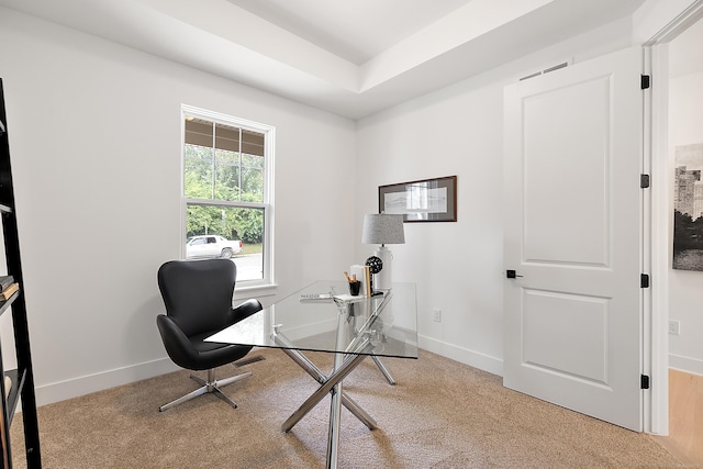 office area featuring light carpet