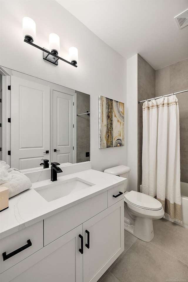 full bathroom featuring concrete floors, vanity, shower / bath combination with curtain, and toilet