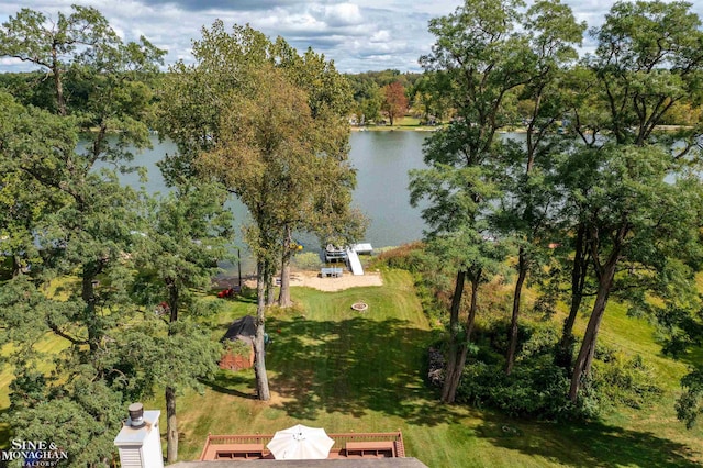 birds eye view of property featuring a water view