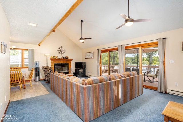 living room featuring plenty of natural light, ceiling fan, and light carpet