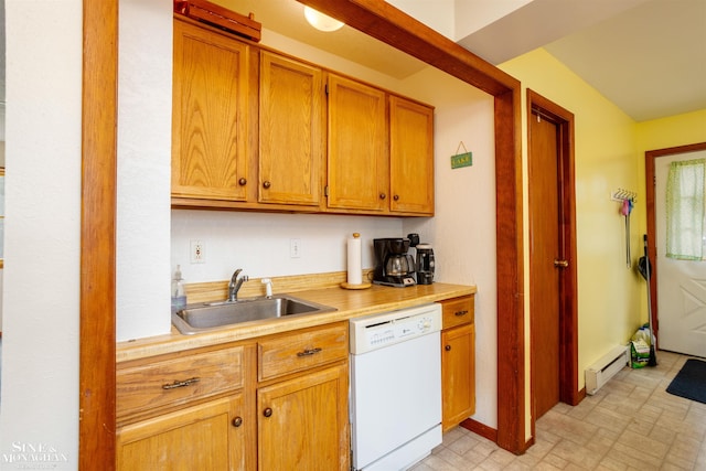 2771 Hemlock Rd, Quincy, MI 49082 - kitchen with dishwasher, a sink, a baseboard radiator, light countertops, and brown cabinetry