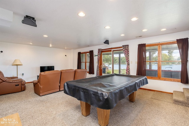 recreation room featuring light colored carpet and pool table