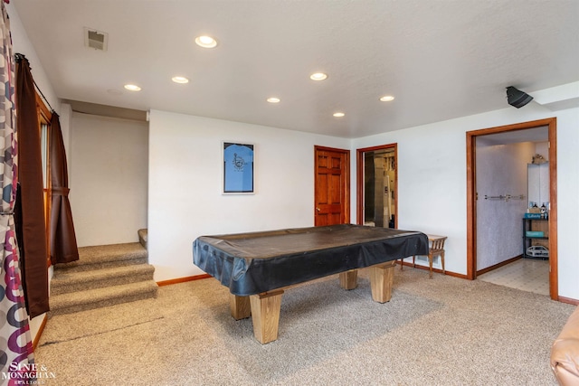 game room featuring billiards and light colored carpet