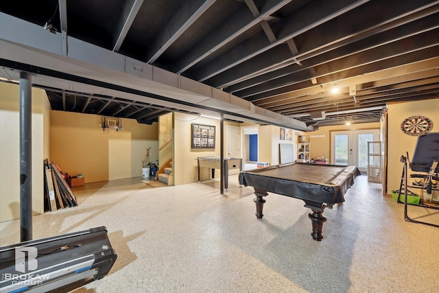 playroom featuring pool table and french doors