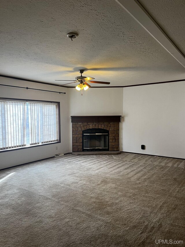 details with carpet floors and a fireplace