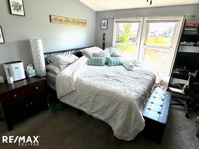 carpeted bedroom featuring vaulted ceiling