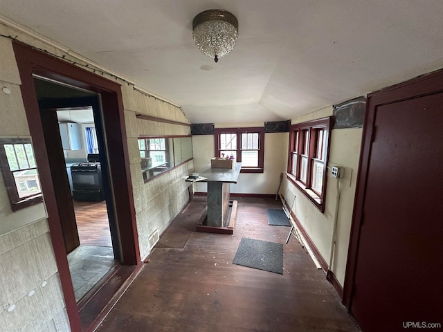 corridor with vaulted ceiling and dark wood-type flooring