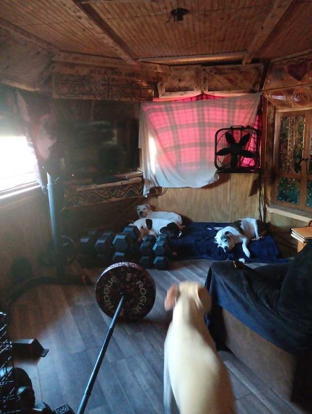 living room with wood ceiling