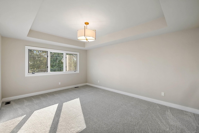 empty room with a tray ceiling and carpet flooring