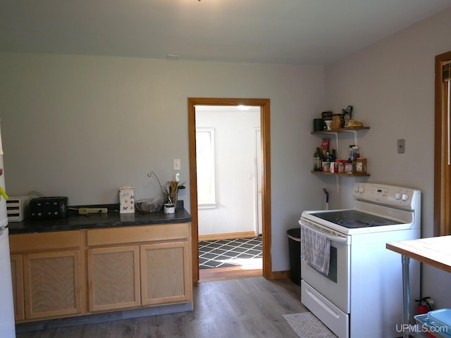 kitchen with electric stove, light brown cabinets, and hardwood / wood-style flooring