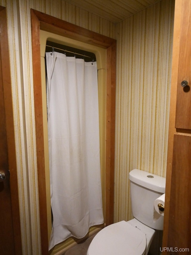 bathroom with a shower with curtain and toilet