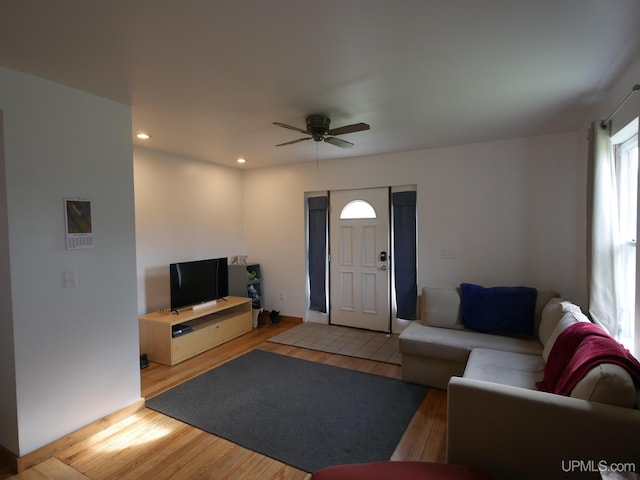 living room with ceiling fan and light hardwood / wood-style flooring