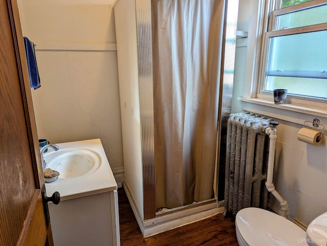 bathroom featuring plenty of natural light, a shower with curtain, hardwood / wood-style floors, vanity, and toilet