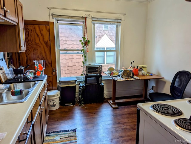 kitchen with electric stove, sink, and dark hardwood / wood-style flooring