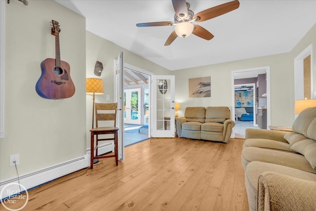 living room featuring a baseboard radiator, light hardwood / wood-style floors, ceiling fan, and french doors