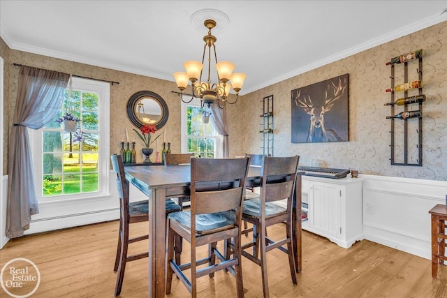 dining room with crown molding, a baseboard radiator, light hardwood / wood-style flooring, and a notable chandelier