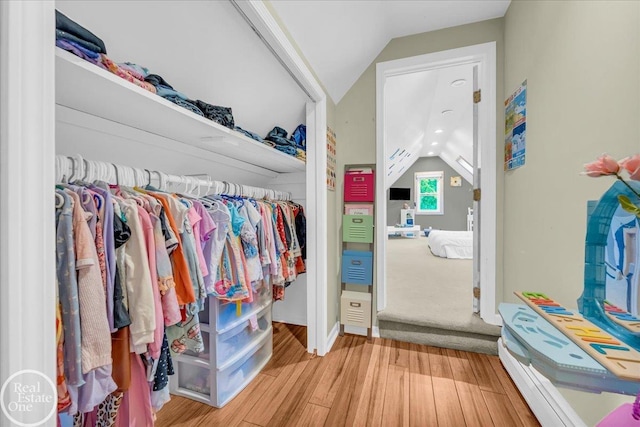 walk in closet with lofted ceiling and hardwood / wood-style flooring