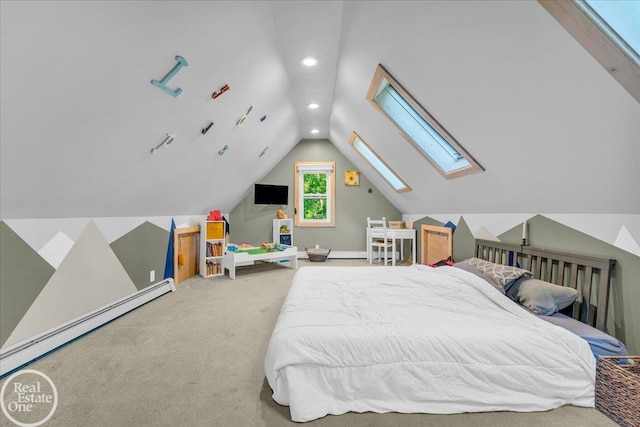 carpeted bedroom featuring vaulted ceiling with skylight and baseboard heating