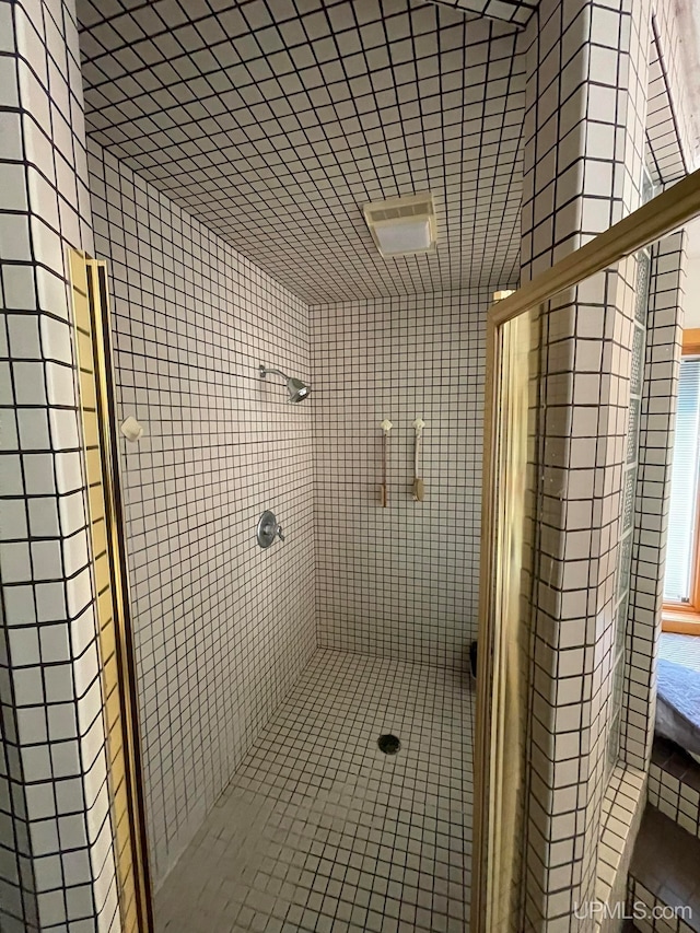 bathroom featuring a shower with door