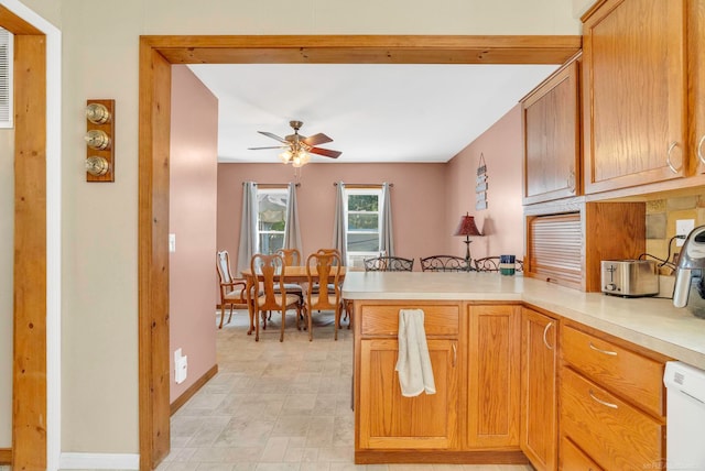 kitchen with ceiling fan, dishwasher, and kitchen peninsula