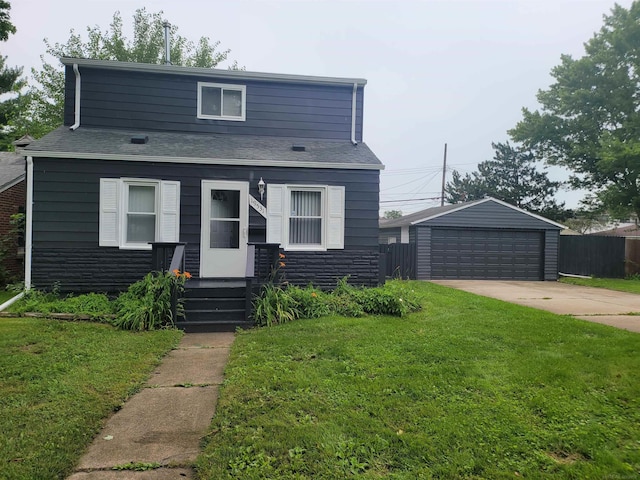 view of front facade featuring an outdoor structure, a garage, and a front lawn