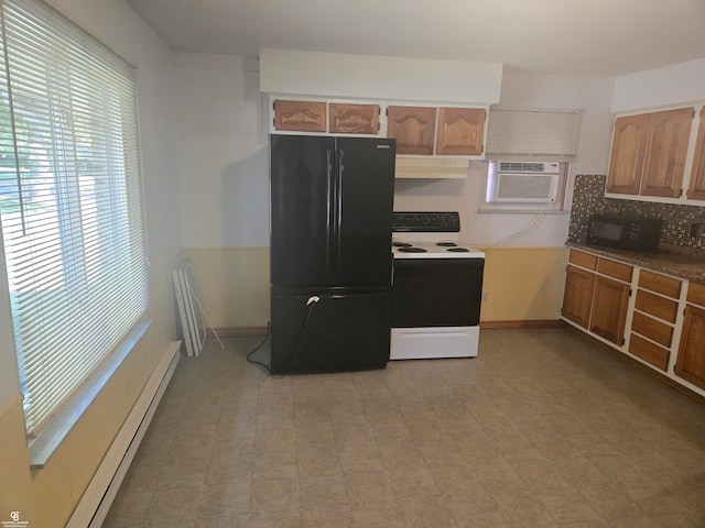 kitchen featuring black appliances, decorative backsplash, a wall unit AC, and a baseboard radiator