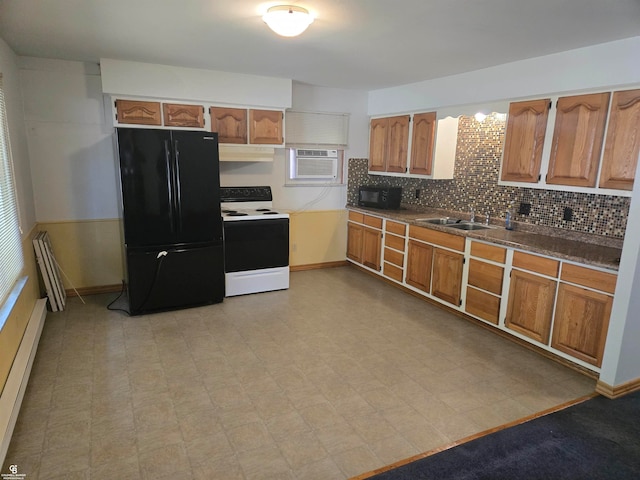 kitchen with tasteful backsplash, ventilation hood, black appliances, a baseboard radiator, and sink