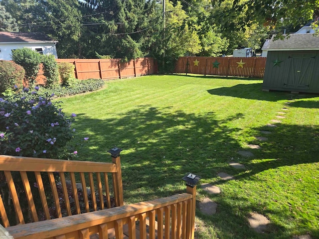 view of yard featuring a storage unit