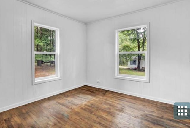 spare room featuring crown molding, dark wood-type flooring, and a wealth of natural light