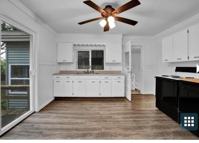 kitchen featuring white cabinetry, ceiling fan, hardwood / wood-style flooring, and sink